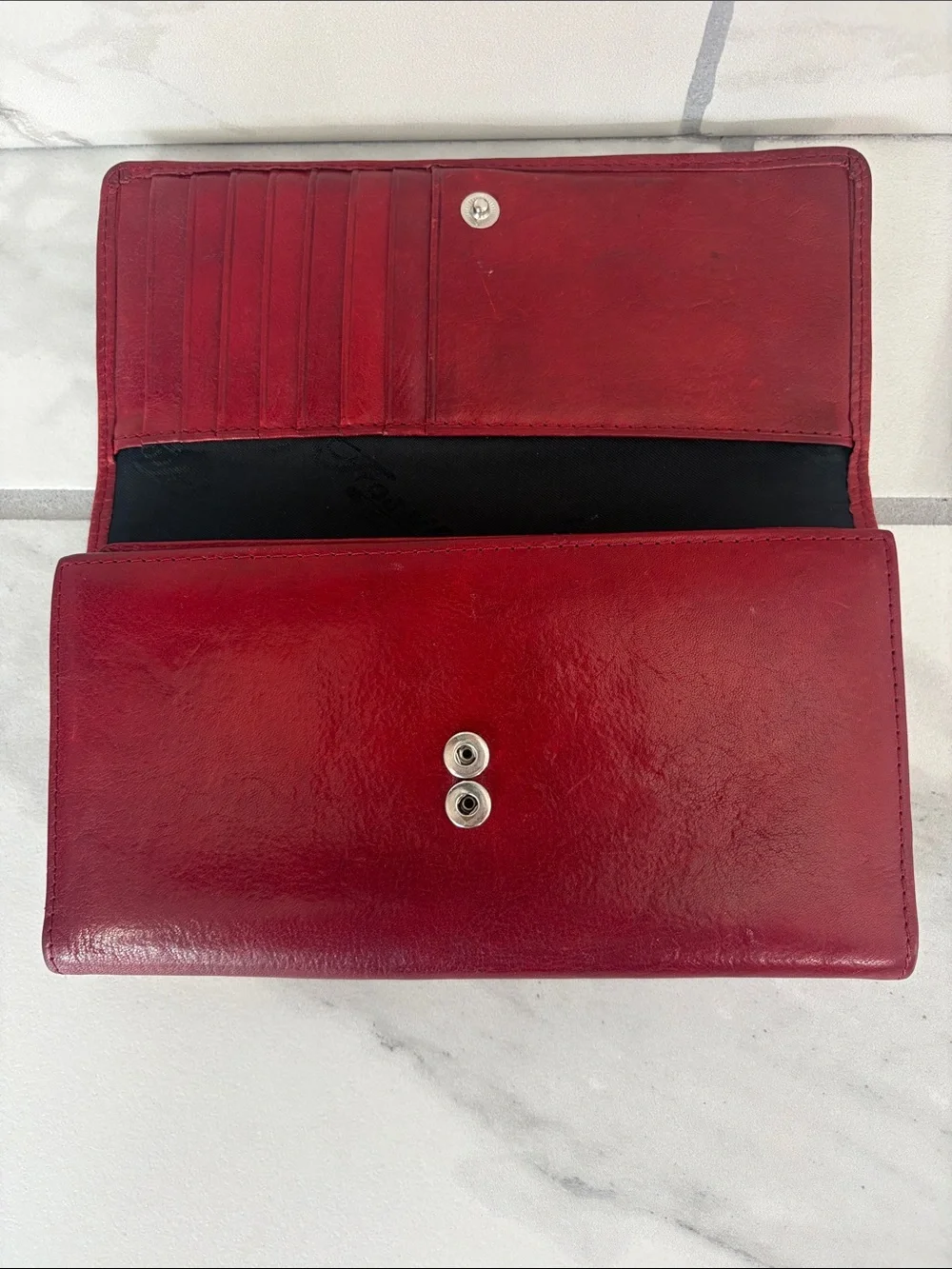 Fossil Deep Red Leather Tri-Fold Wallet with Checkbook Cover and Pen